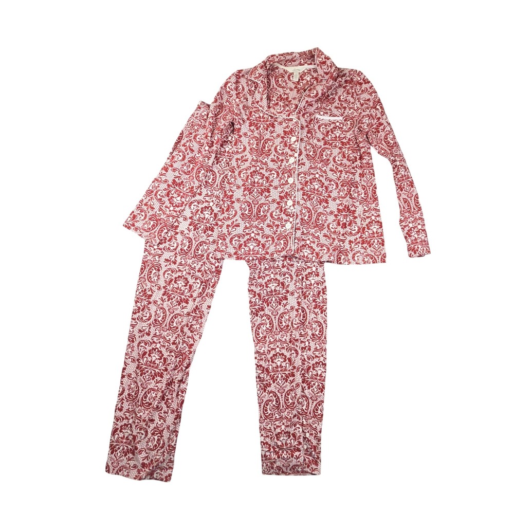 Soma Pajama Set Womens XS Red White Damask Scroll Cotton Modal Cozy Sleepwear